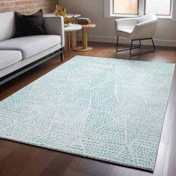 9' X 12' Aqua And Ivory Diamond Washable Area Rug With UV Protection