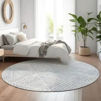 8' Denim Blue And Ivory Diamond Washable Round Rug With UV Protection