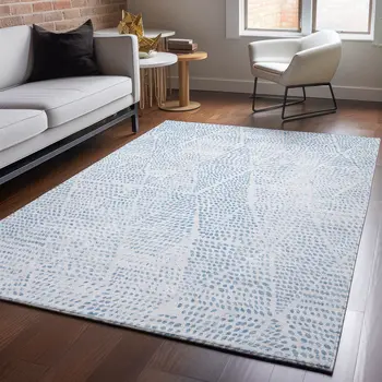 9' X 12' Denim Blue And Ivory Diamond Washable Area Rug With UV Protection