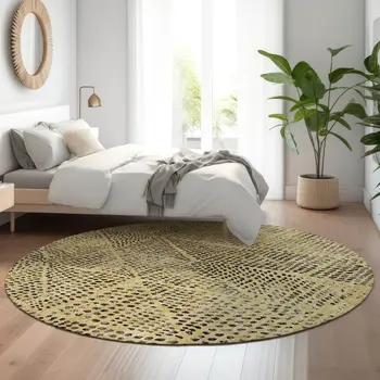 8' Gold And Charcoal Diamond Washable Round Rug With UV Protection