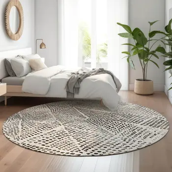 8' Ivory And Charcoal Diamond Washable Round Rug With UV Protection