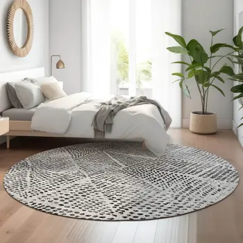 8' Pewter And Ivory Diamond Washable Round Rug With UV Protection
