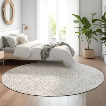 8' Silver And Ivory Diamond Washable Round Rug With UV Protection