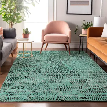 9' X 12' Teal And Charcoal Diamond Washable Area Rug With UV Protection