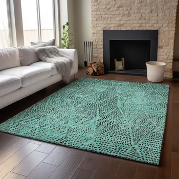 9' X 12' Teal And Charcoal Diamond Washable Area Rug With UV Protection