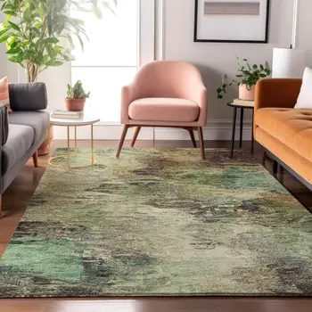 5' X 8' Beige Teal And Olive Green Abstract Washable Area Rug With UV Protection