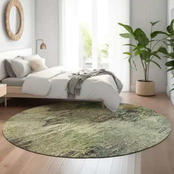 8' Beige Teal And Olive Green Abstract Washable Round Rug With UV Protection