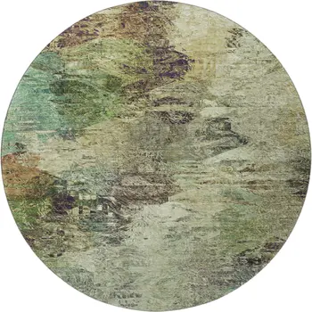 8' Beige Teal And Olive Green Abstract Washable Round Rug With UV Protection