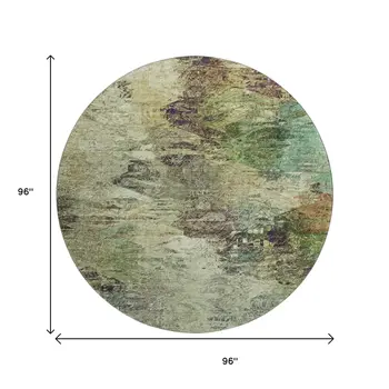 8' Beige Teal And Olive Green Abstract Washable Round Rug With UV Protection