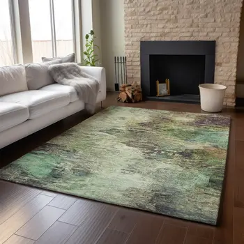 8' X 10' Beige Teal And Olive Green Abstract Washable Area Rug With UV Protection