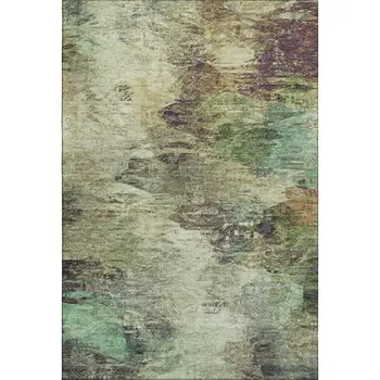 10' X 14' Beige Teal And Olive Green Abstract Washable Area Rug With UV Protection