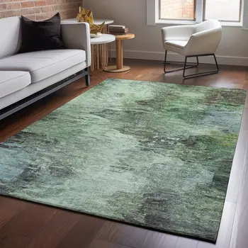 5' X 8' Green Brown And Ivory Abstract Washable Area Rug With UV Protection