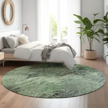 8' Green Brown And Ivory Abstract Washable Round Rug With UV Protection