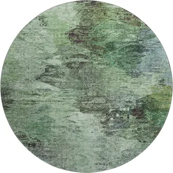 8' Green Brown And Ivory Abstract Washable Round Rug With UV Protection