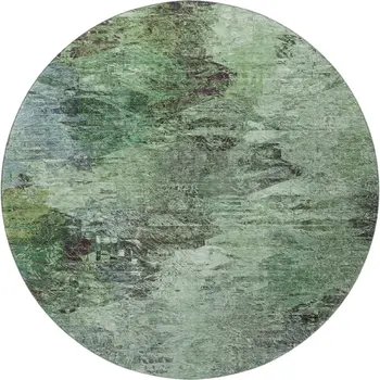 8' Green Brown And Ivory Abstract Washable Round Rug With UV Protection