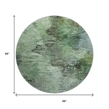 8' Green Brown And Ivory Abstract Washable Round Rug With UV Protection