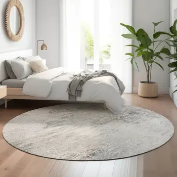8' Silver And Gray Abstract Washable Round Rug With UV Protection