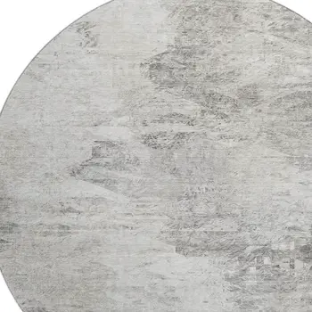 8' Silver And Gray Abstract Washable Round Rug With UV Protection
