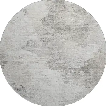 8' Silver And Gray Abstract Washable Round Rug With UV Protection