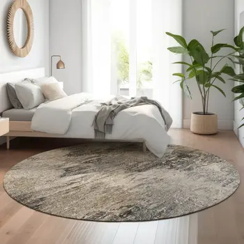 8' Taupe And Gray Abstract Washable Round Rug With UV Protection