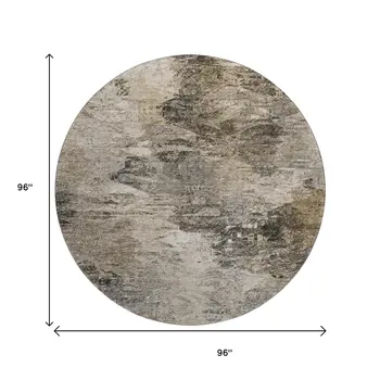 8' Taupe And Gray Abstract Washable Round Rug With UV Protection