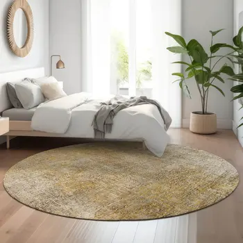 8' Beige And Ivory Abstract Washable Round Rug With UV Protection