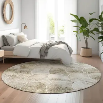 8' Beige Gray And Ivory Abstract Geometric Washable Round Rug With UV Protection