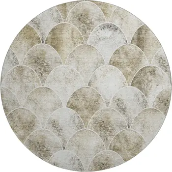 8' Beige Gray And Ivory Abstract Geometric Washable Round Rug With UV Protection