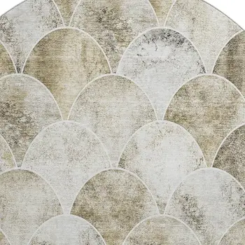 8' Beige Gray And Ivory Abstract Geometric Washable Round Rug With UV Protection