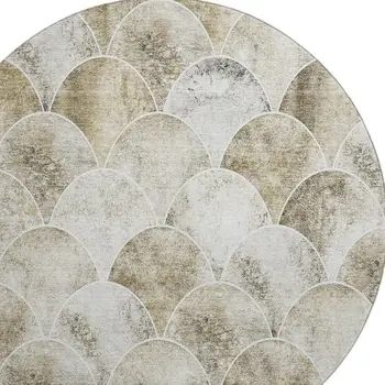 8' Beige Gray And Ivory Abstract Geometric Washable Round Rug With UV Protection