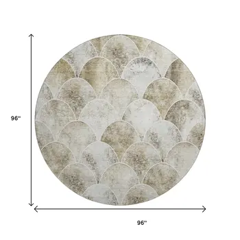 8' Beige Gray And Ivory Abstract Geometric Washable Round Rug With UV Protection