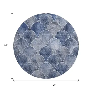 8' Blue Gray And Ivory Abstract Geometric Washable Round Rug With UV Protection