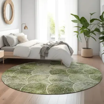 8' Green Gray And Ivory Abstract Geometric Washable Round Rug With UV Protection