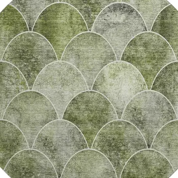 8' Green Gray And Ivory Abstract Geometric Washable Round Rug With UV Protection