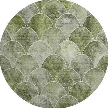 8' Green Gray And Ivory Abstract Geometric Washable Round Rug With UV Protection