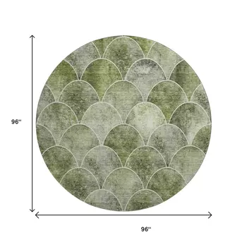 8' Green Gray And Ivory Abstract Geometric Washable Round Rug With UV Protection