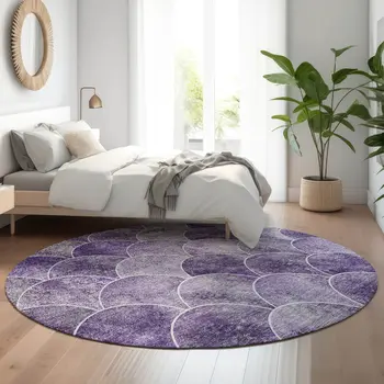 8' Purple And Ivory Abstract Geometric Washable Round Rug With UV Protection