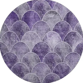 8' Purple And Ivory Abstract Geometric Washable Round Rug With UV Protection