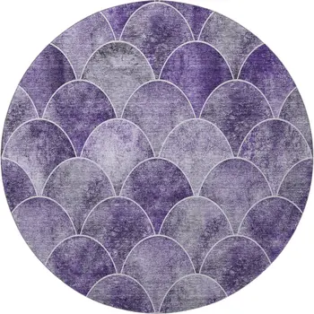 8' Purple And Ivory Abstract Geometric Washable Round Rug With UV Protection