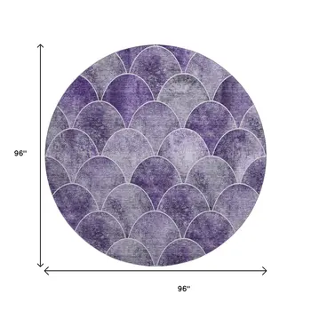 8' Purple And Ivory Abstract Geometric Washable Round Rug With UV Protection