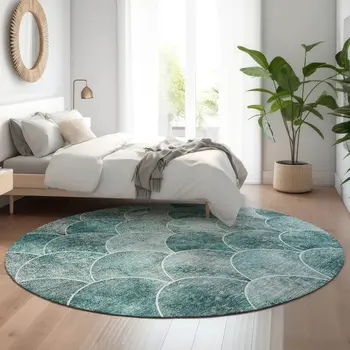 8' Teal And Ivory Abstract Geometric Washable Round Rug With UV Protection