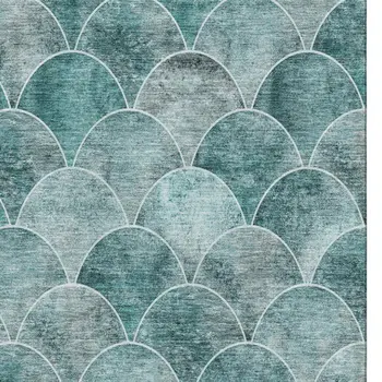 8' X 10' Teal And Ivory Abstract Geometric Washable Area Rug With UV Protection