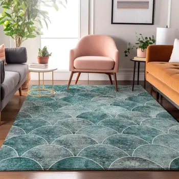 9' X 12' Teal And Ivory Abstract Geometric Washable Area Rug With UV Protection