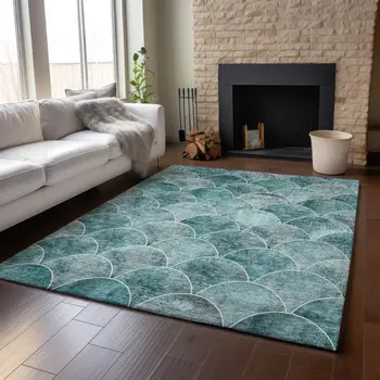 10' X 14' Teal And Ivory Abstract Geometric Washable Area Rug With UV Protection