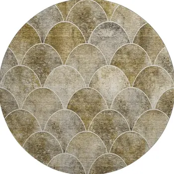 8' Taupe Gray And Ivory Abstract Geometric Washable Round Rug With UV Protection