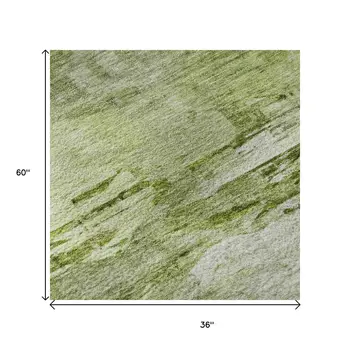 3' X 5' Artichoke Green And Ivory Abstract Washable Area Rug With UV Protection