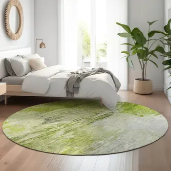 8' Artichoke Green And Ivory Abstract Washable Round Rug With UV Protection