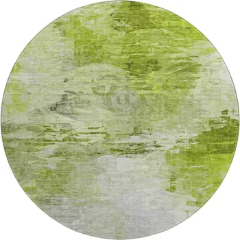 8' Artichoke Green And Ivory Abstract Washable Round Rug With UV Protection