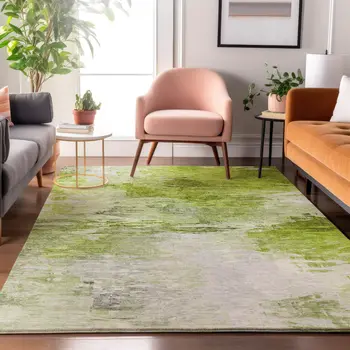 9' X 12' Artichoke Green And Ivory Abstract Washable Area Rug With UV Protection