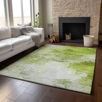 9' X 12' Artichoke Green And Ivory Abstract Washable Area Rug With UV Protection